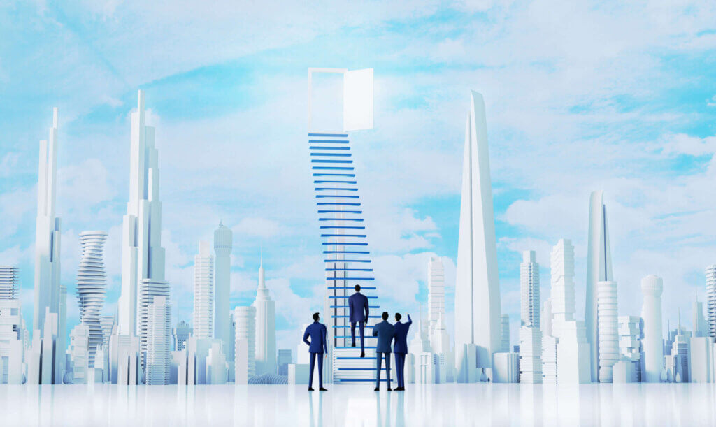 Successful businessman climbing up the stairs in the City.