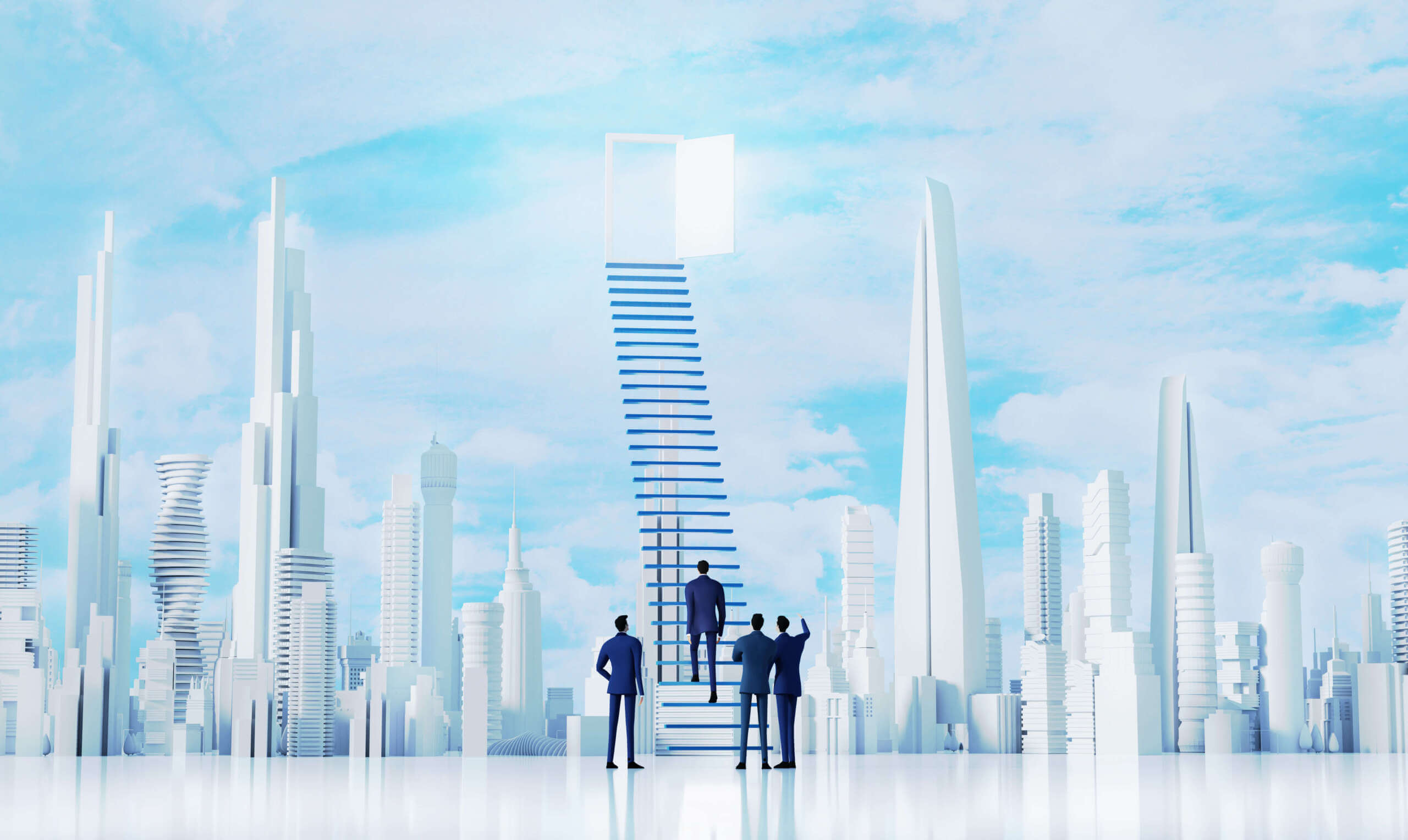 Successful businessman climbing up the stairs in the City.