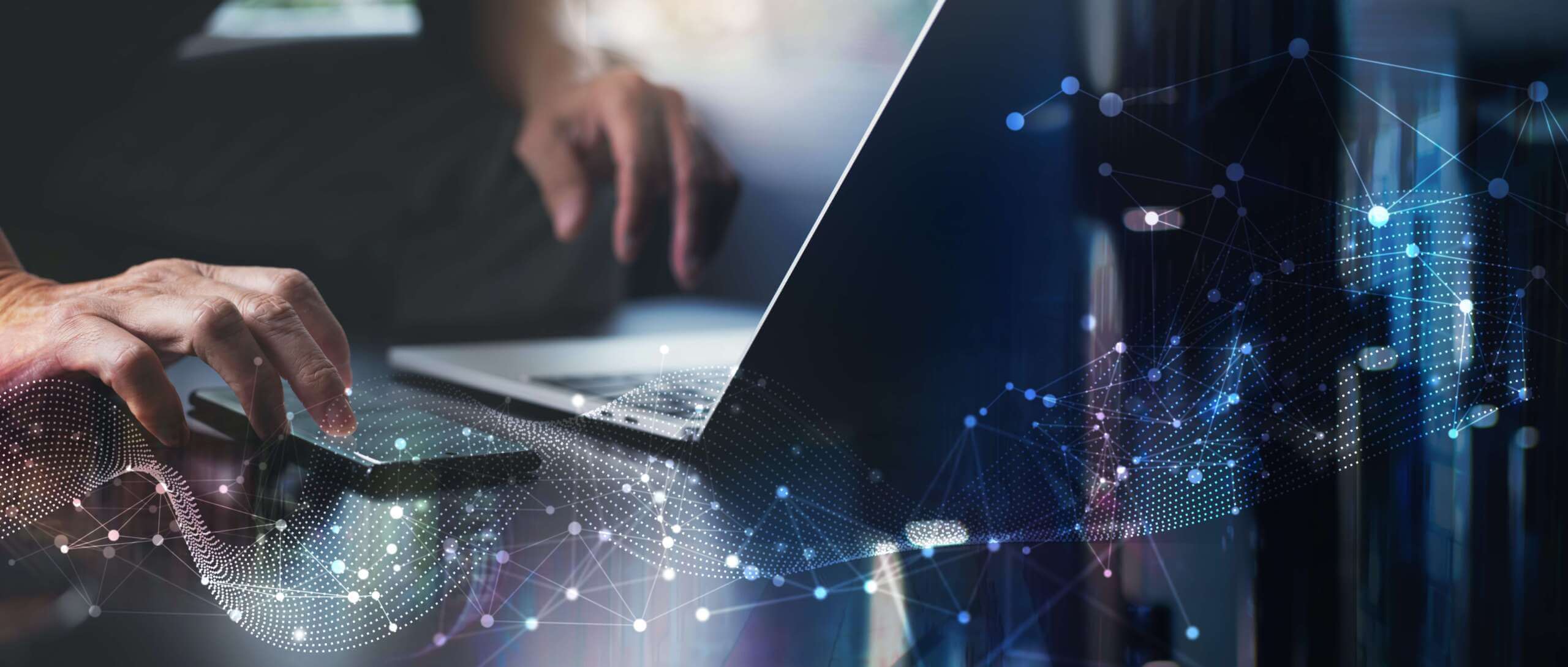 Digital technology, big data, internet network connection, futuristic innovation technology background. Man using mobile phone and laptop and smart city