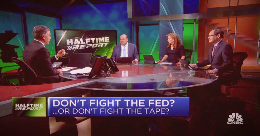 Host and three guests on the Halftime Report segment on CNBC