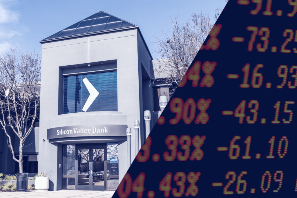 Displaying the front of a bank on the left and a list of numbers showing a list of stocks in a downward market