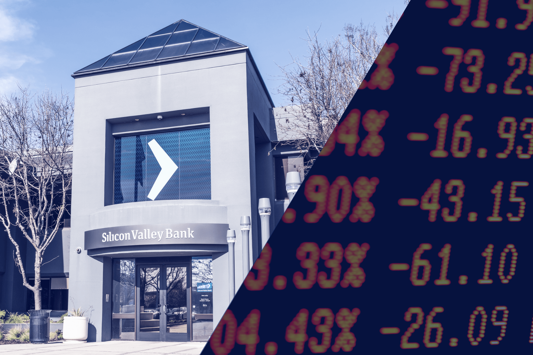 Displaying the front of a bank on the left and a list of numbers showing a list of stocks in a downward market