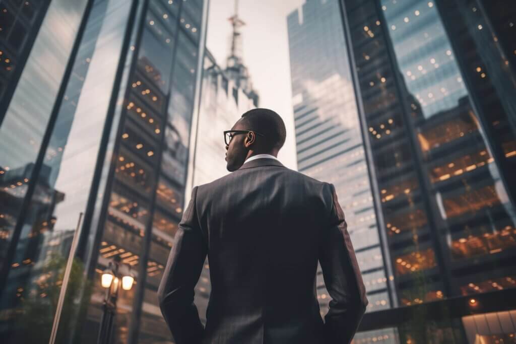 Man in suit standing in a city looking left