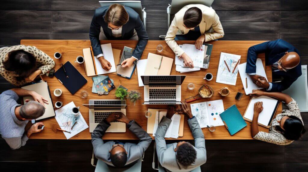 Overhead shot of a business meeting with 8 individuals around a table