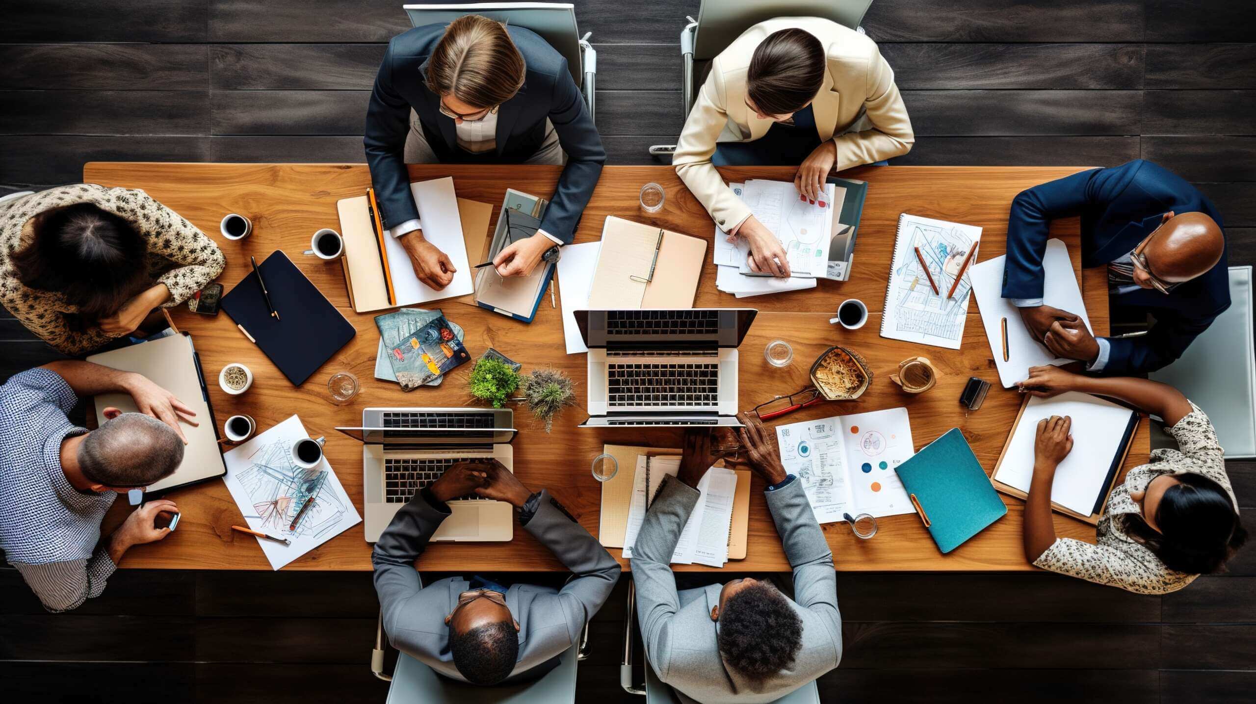 Overhead shot of a business meeting with 8 individuals around a table