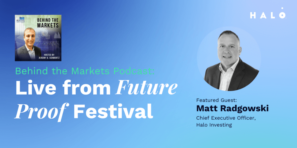 Banner for Behind the Markets Podcast with featured guest Matt Radgowski, CEO of Halo Investing