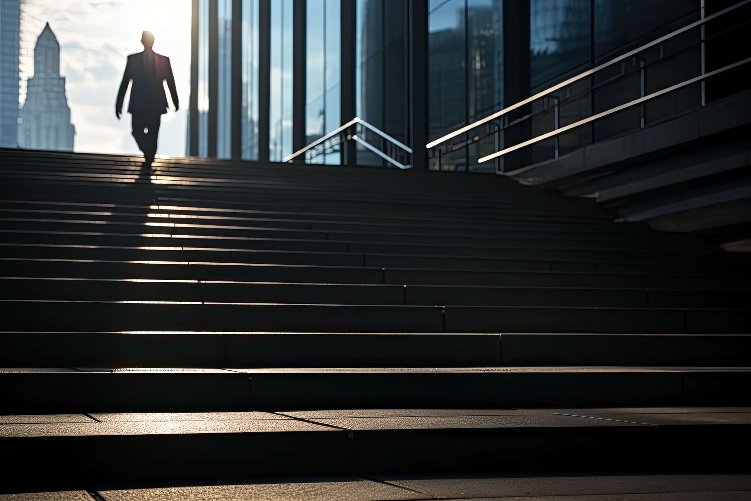 Individual in a suit walking down a set of stairs