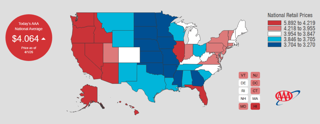 U.S. gas prices according to AAA with national average prices at $4.064 per gallon.